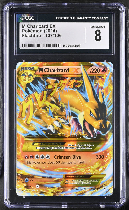 Graded CGC 8 Pokémon card M Charizard EX from Flashfire set for trading cards collectors