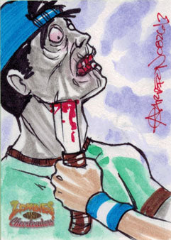 Cartoon-style illustration of a character drinking red liquid on Andy Carreon’s Sketch Card