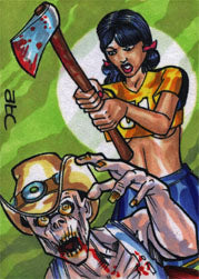 Stylized illustration of a woman with an axe battling a zombie on an Adam Cleveland sketch card