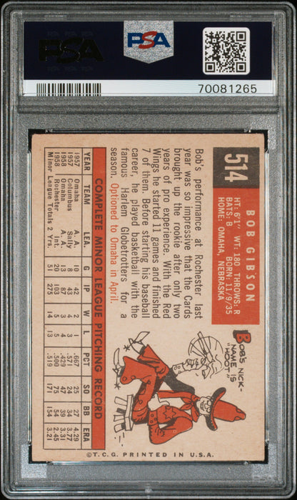 Vintage Bob Gibson 1959 Topps #514 baseball card in PSA 3 holder with cartoony back