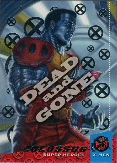 Muscular blue-skinned superhero on X-Men silver foil chase card Dead and Gone