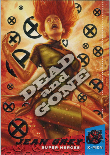 Movie poster of Jean Grey in gold costume, featured on X-Men silver foil chase card