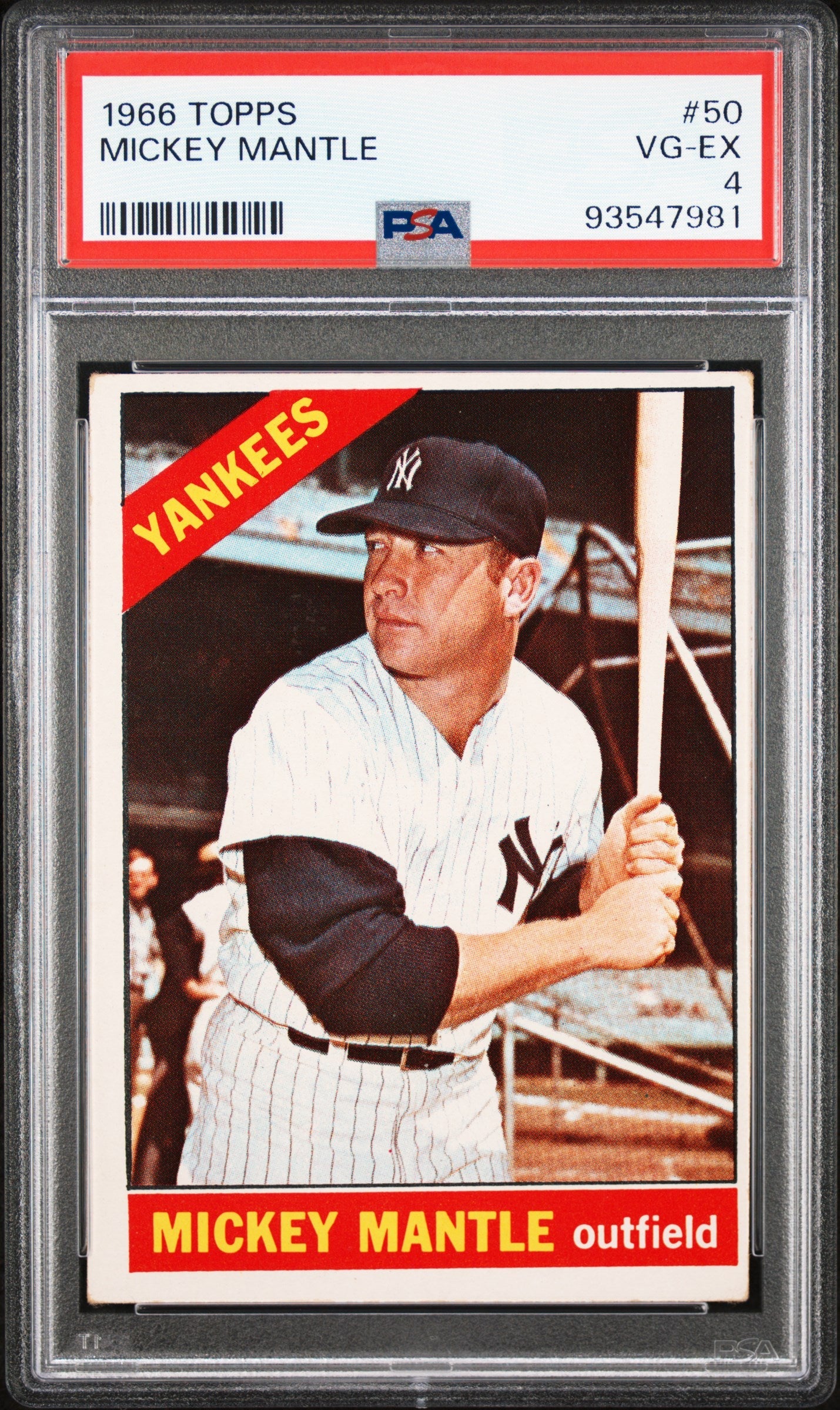 Mickey Mantle 1966 Topps #50 PSA 4 case with Yankees outfielder holding bat