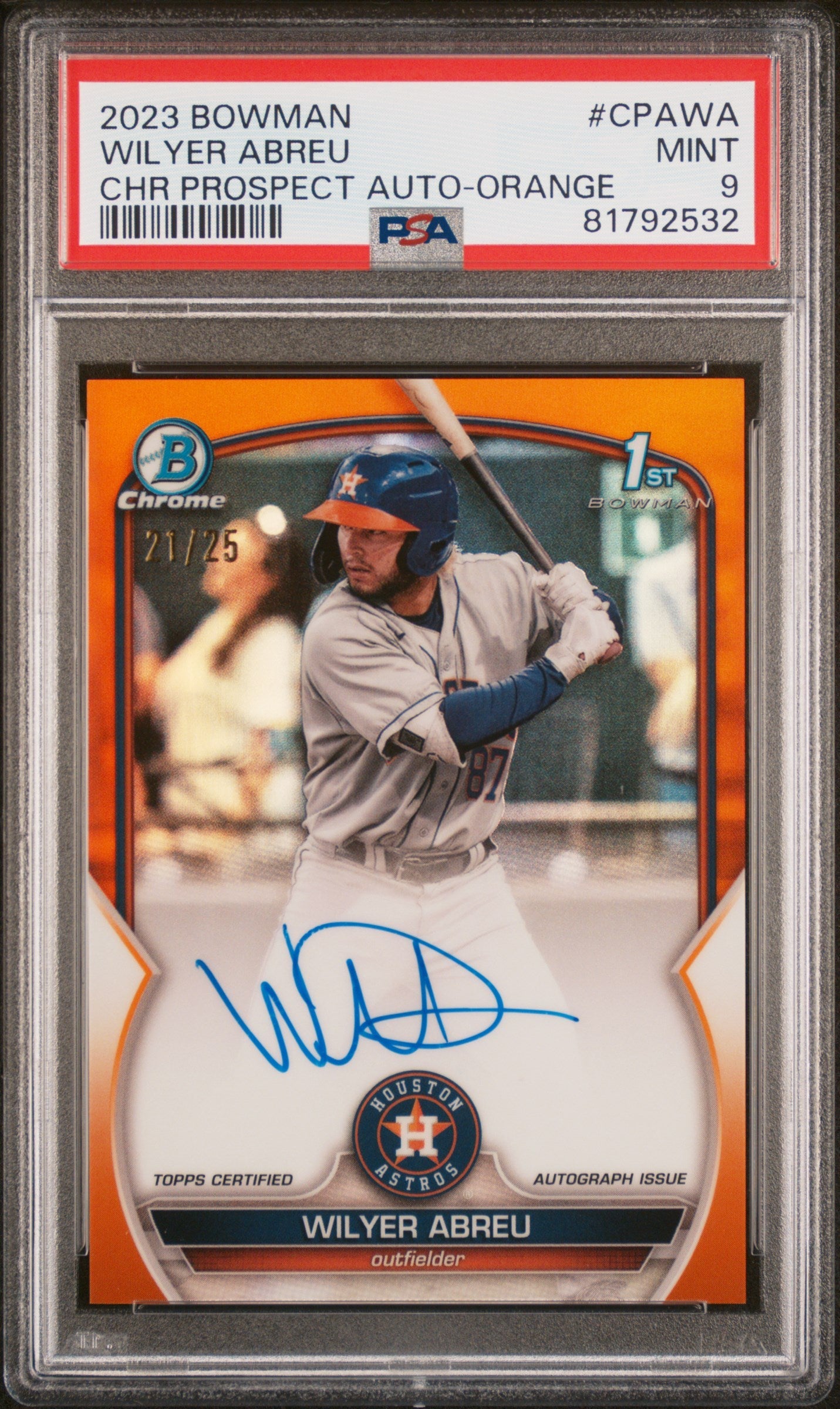 Wilyer Abreu 2023 Bowman Chrome Orange Refractor Auto #21/25 PSA 9 Mint