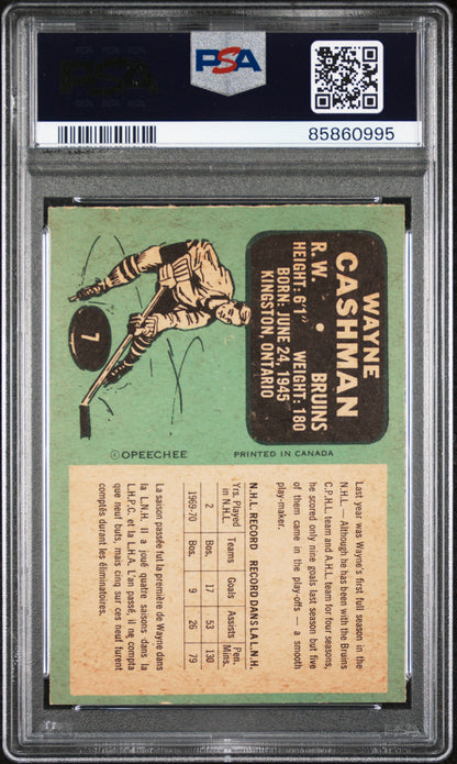 Wayne Cashman 1970 O-Pee-Chee #7 PSA 8 Nm-Mint vintage baseball card illustration