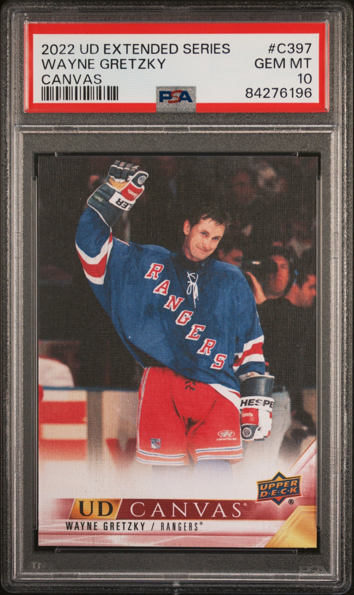 Wayne Gretzky 2022 Upper Deck Canvas #C397 PSA 10 Gem Mint hockey card in blue jersey