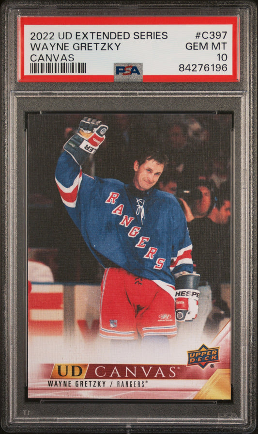 Wayne Gretzky 2022 Upper Deck Canvas #C397 PSA 10 Gem Mint hockey card in blue jersey