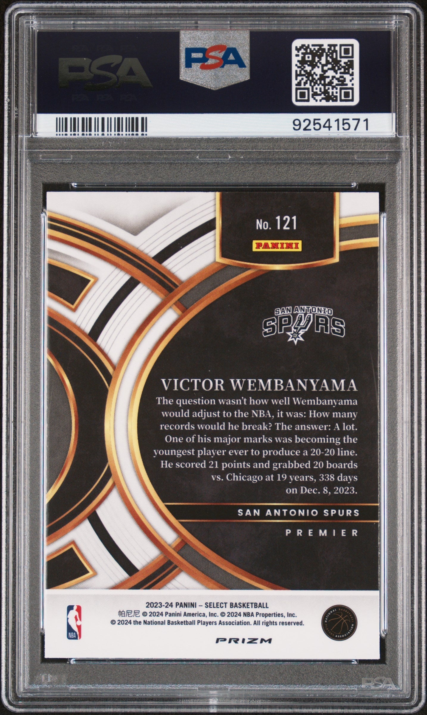 PSA-graded Victor Wembanyama 2023 Select #121 Green White Purple card back with stats