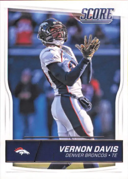 Vernon Davis Denver Broncos trading card with tight end catching football from 2016 Score.