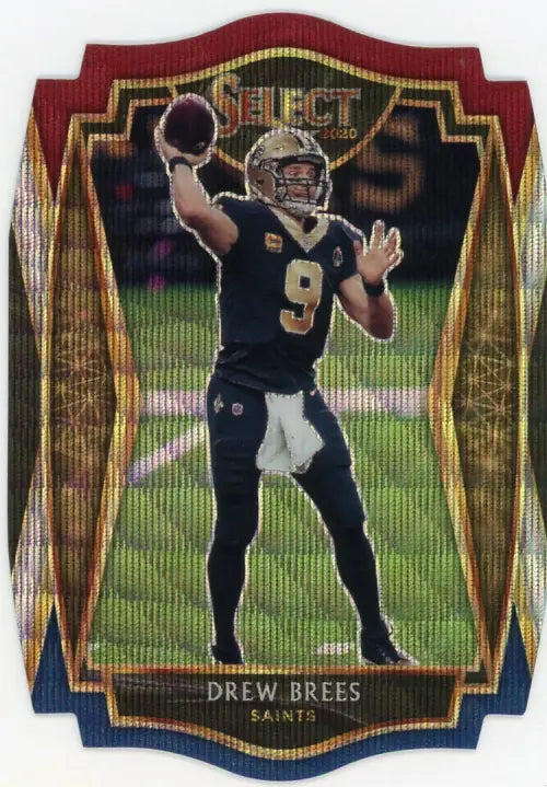 Football trading card of Drew Brees in navy uniform, Select Prizm Tri Color Die Cut.