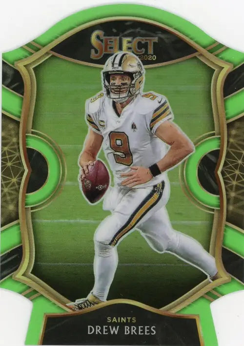 Green and gold Select Prizm Neon Green Die Cut football card of Drew Brees, Saints QB.