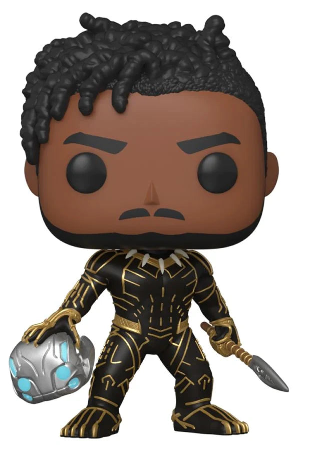 Exclusive Funko Pop of King Killmonger in a black and gold suit with weapon and orb