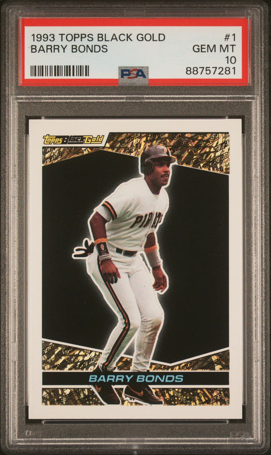 PSA-graded Barry Bonds 1993 Topps Black Gold baseball card in protective case