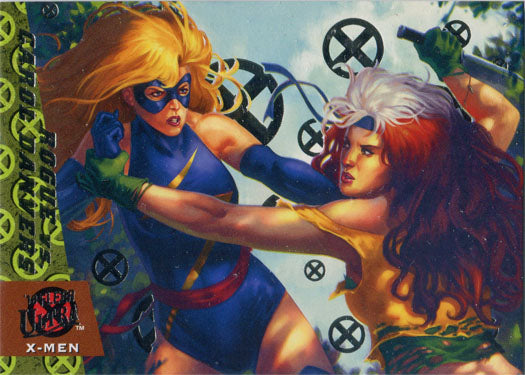 Two female superheroes in combat pose on X-Men trading card from Greatest Battles series