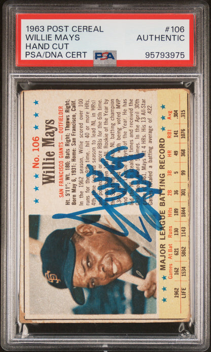 Willie Mays 1963 Post Cereal Autograph PSA/DNA Authentic