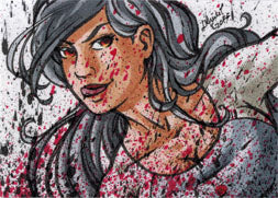 Stylized portrait of a woman with dark hair and blood spatter on Nicole Goff sketch card