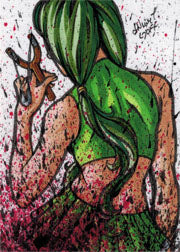 Stylized green-haired figure and deer-like creatures in Nicole Goff sketch card