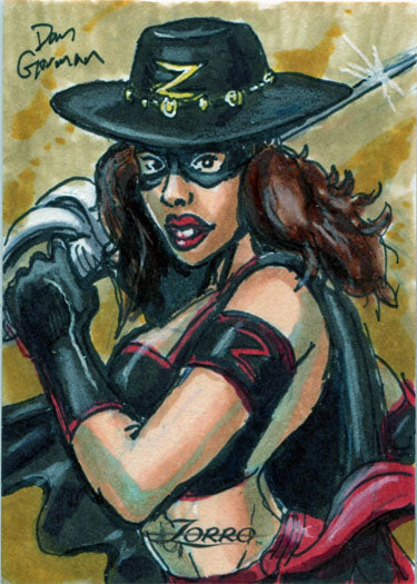 Masked woman in black hat and costume on Dan Gorman Women of Zorro sketch card