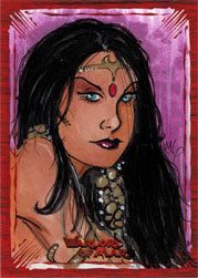 Portrait of a woman with long dark hair and jewelry on a Warlord of Mars sketch card by Michael Griffith