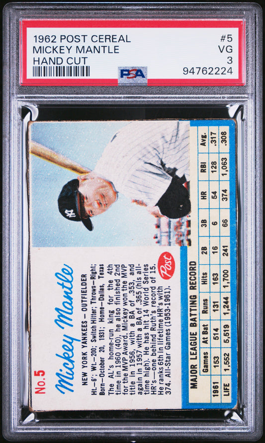 Mickey Mantle 1962 Post #5 PSA 3 Very Good trading card featuring Yankees player