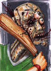 Grotesque distorted face with a baseball bat in mouth on David Harrigan sketch card