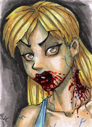 Stylized blonde zombie illustration by David Harrigan on Zombies vs Cheerleaders sketch card