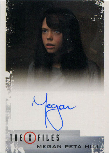 Headshot of Megan Peta Hill with long dark hair for X-Files Autograph Card