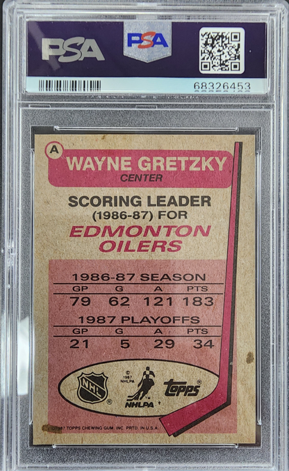 PSA-graded Wayne Gretzky 1987 Topps Box Bottoms showcasing scoring stats from 1986-87 season