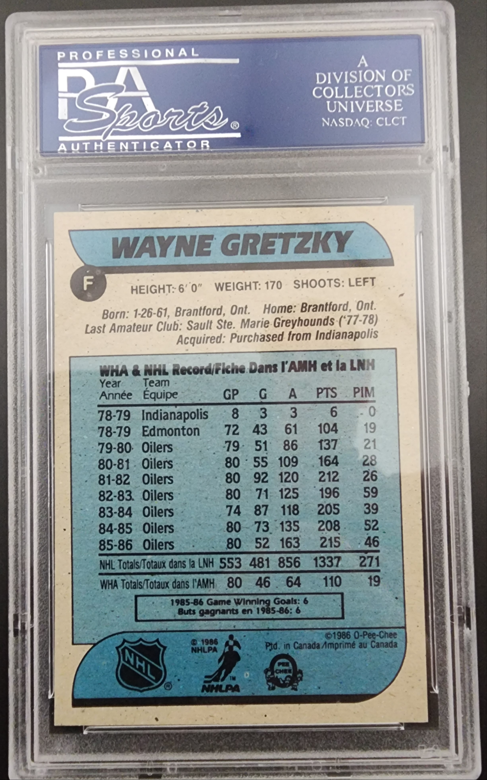 PSA-graded Wayne Gretzky hockey card with career stats on back from box bottoms PSA