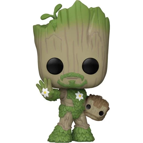 Funko Pop Baby Groot holding flowers and a pot, from We Are Groot Iron Man series