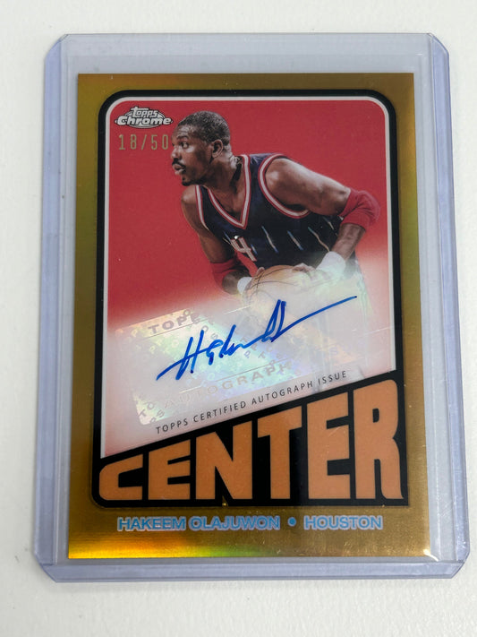 Hakeem Olajuwon 2023 Topps Chrome Gold Refractor Auto basketball card with autograph