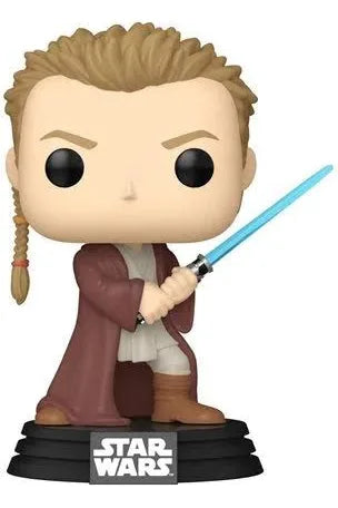 Funko Pop figure of a Jedi with blue lightsaber in brown robes from Star Wars collection