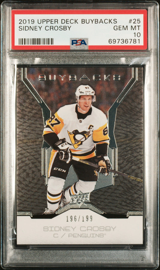 PSA 10 Sidney Crosby 2019 Upper Deck Buybacks hockey card 198/199 in black and gold uniform