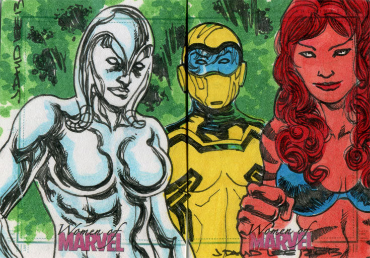 Comic-style illustration of Jocasta, Tigra, and Hazmat on a David Lee sketch card