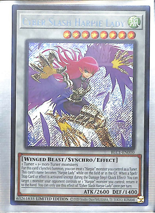 Trading card of Yugioh Cyber Slash Harpie Lady with red and purple winged creature