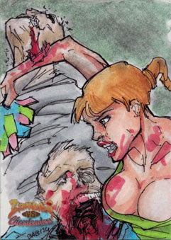 Grotesque watercolor illustration of zombie figures on Zombies vs Cheerleaders sketch card by Babisu Kourtis