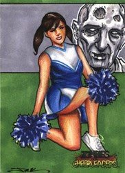 Cheerleader in blue outfit with pom-poms on Zombies vs Cheerleaders Jim Kyle sketch card