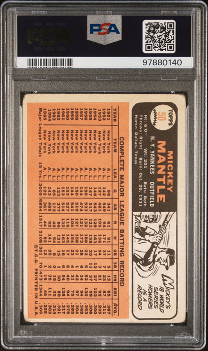 Mickey Mantle 1966 Topps #50 baseball card in PSA grading case with stats