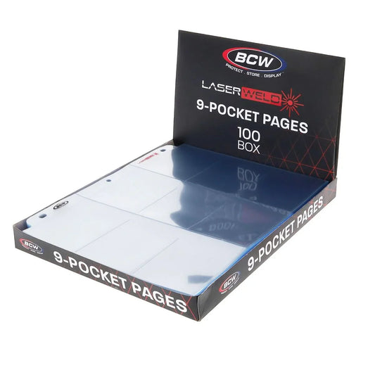 BCW LaserWeld 9-Pocket Page Box for storing trading cards, baseball cards, and football cards