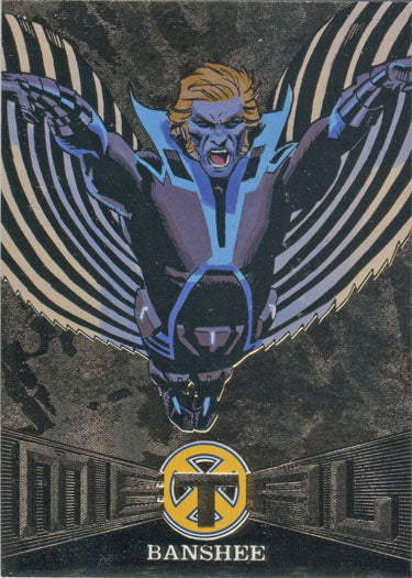 Blue-skinned winged humanoid with fierce expression in X-Men Metal Blasters Chase Card