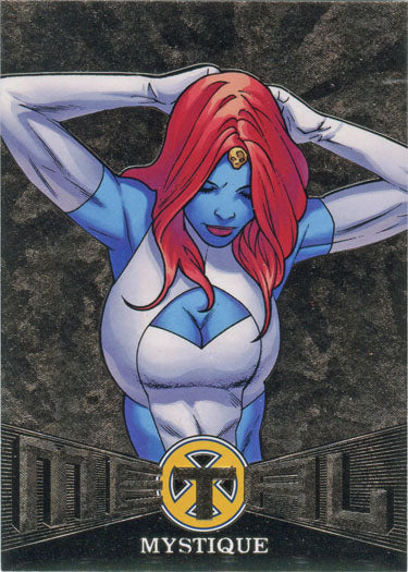 Blue-skinned Mystique in white costume and yellow belt from X-Men Metal Blasters Chase Card