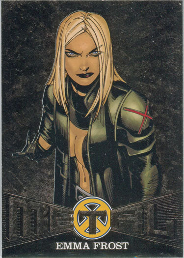 Comic book illustration of Emma Frost in dark outfit for X-Men Metal Blasters Chase Card