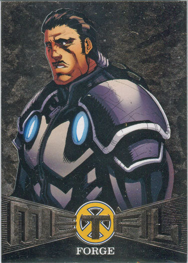 Muscular man in futuristic armor with blue accents on X-Men Metal Blasters Chase Card