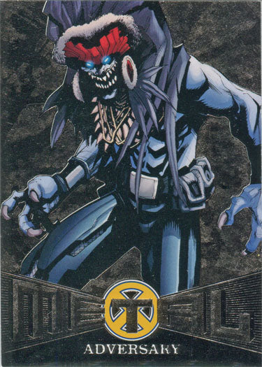 Menacing blue-armored creature with skull face on X-Men Metal Blasters Chase Card