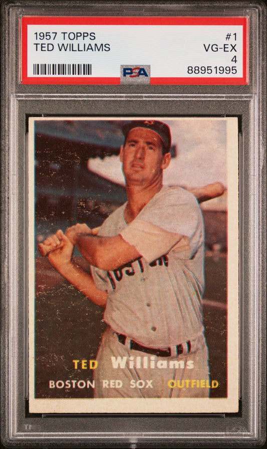 PSA-graded 1957 Topps Ted Williams baseball card in protective case for collectors