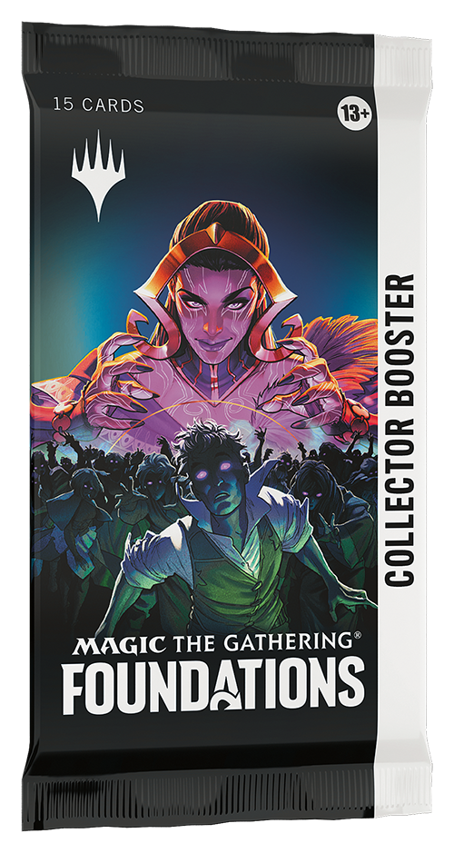 Magic The Gathering Foundations Collector Booster Pack with mystical purple and green artwork