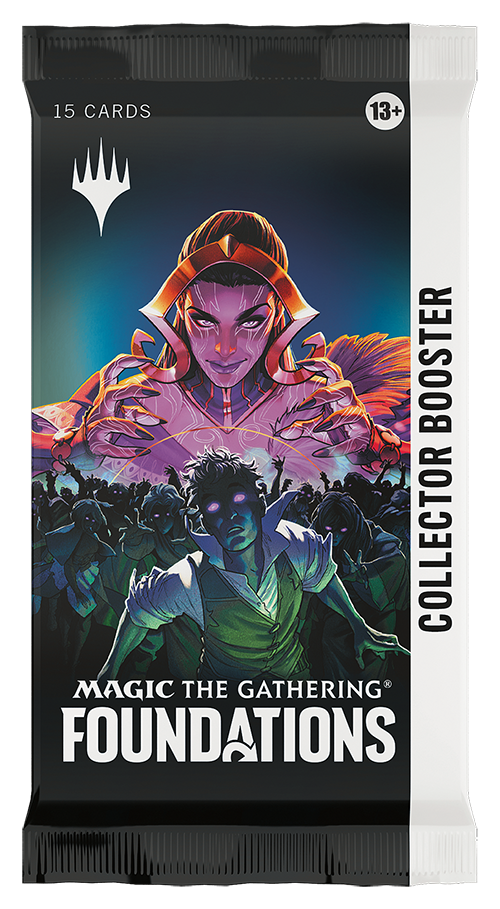 Magic The Gathering Foundations collector booster pack with vibrant purple and green art