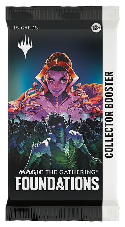 Magic The Gathering Foundations collector booster pack with vibrant purple and green art