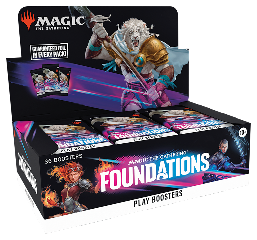 Magic: The Gathering Foundations Play Booster Box with 36 play boosters displayed