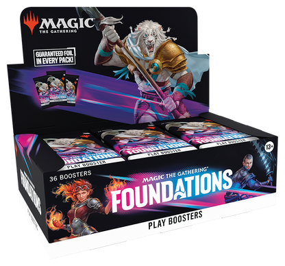 Magic: The Gathering Foundations Play Booster Box with 36 play boosters displayed